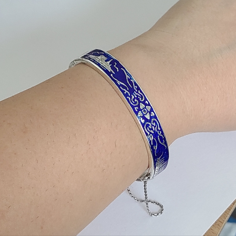 Vintage Sterling Silver Siam Thai Nielloware Blue Enamel Hinged Bangle Bracelet